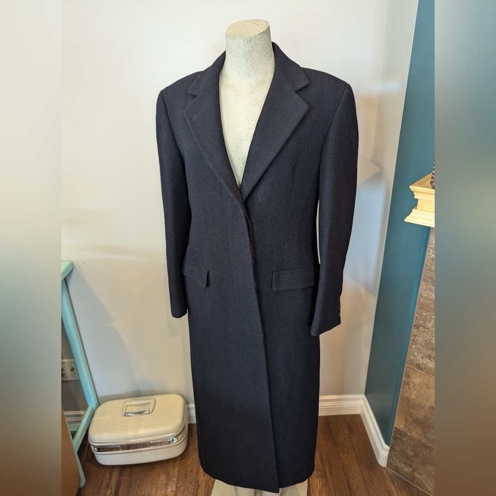 Harry Rosen Crombie Scotland pure virgin wool trench coat black/blue weave Sz M